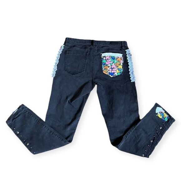 Upcycled Skinny Jeans Dark Wash Reworked Grunge Concert Grateful Dead Bears 28 - Picture 13 of 13
